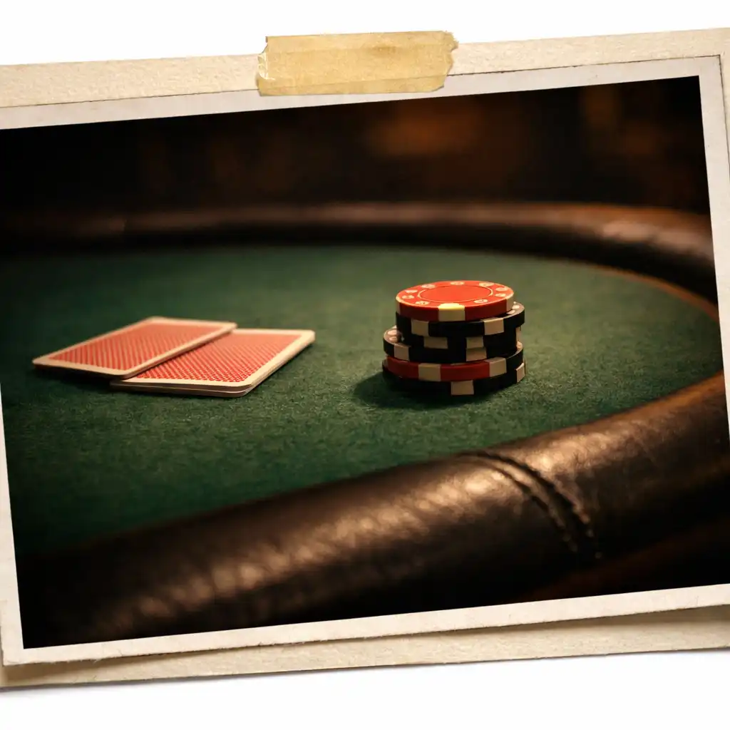 Close-up of a classic poker table felt with face-down cards and a small stack of clay chips