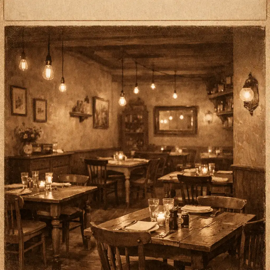 Warm dining room at Gourmet Parlour with vintage tables and Edison bulb lighting before service