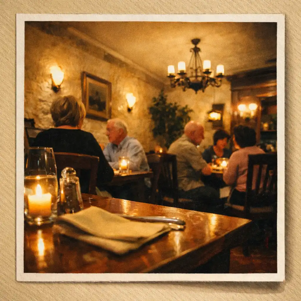 Candid view of the dining room with a few guests seated during a quiet moment
