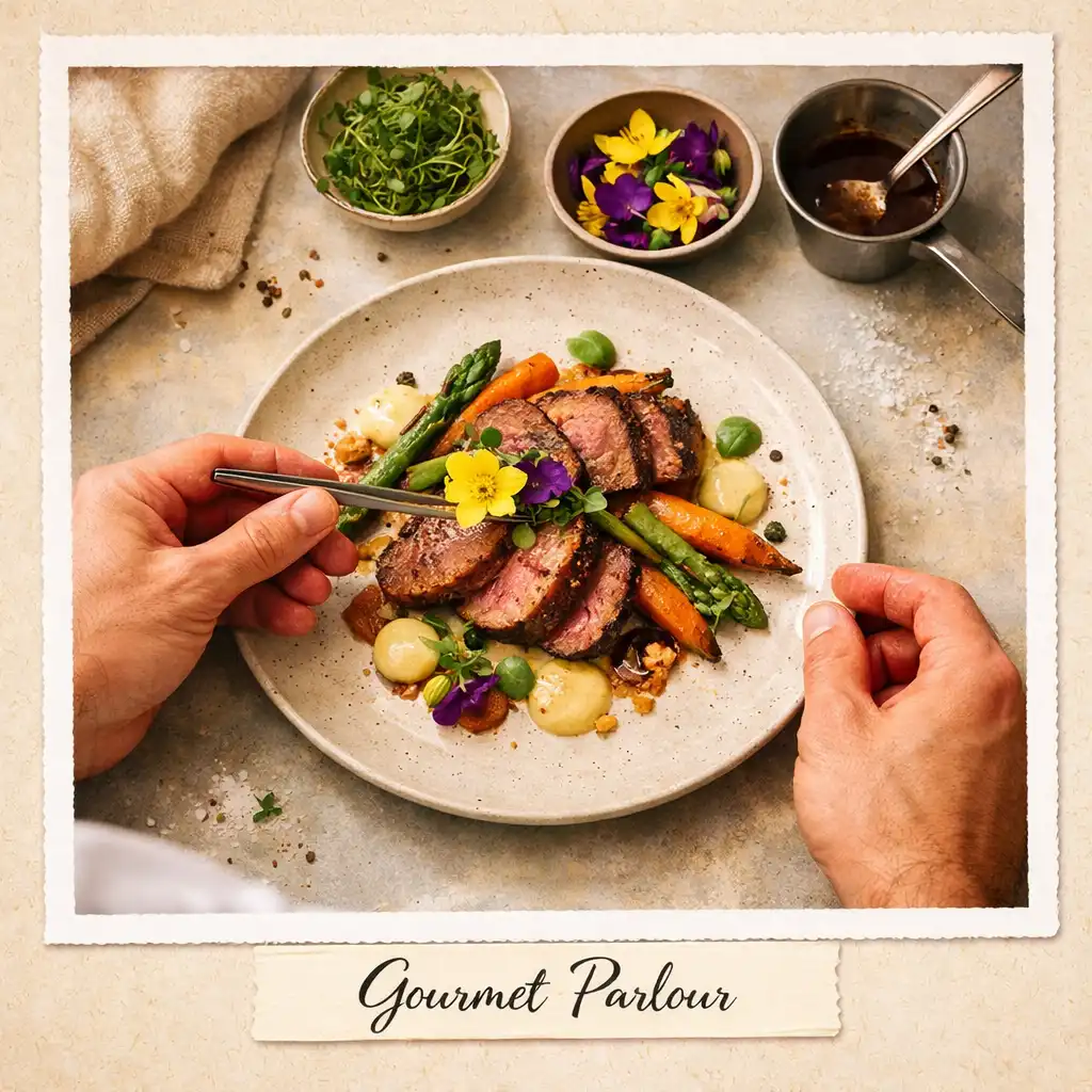 Chef's hands carefully plating a dish with garnishes on a clean kitchen surface