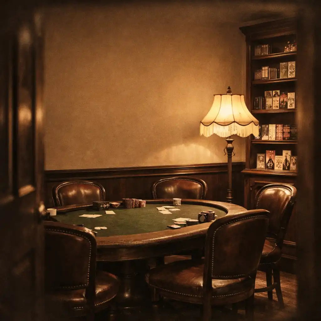 A corner of the poker lounge with a table, vintage lamp, and shelf of playing card decks