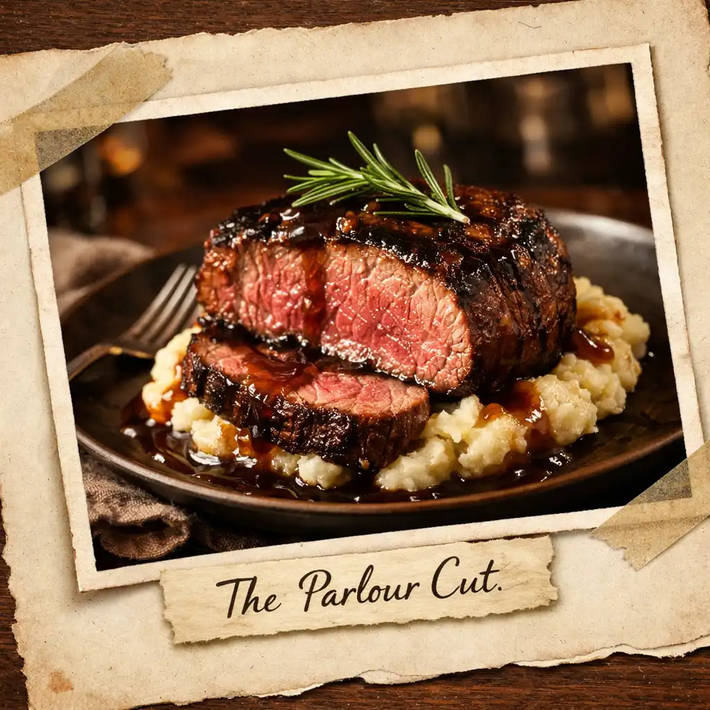 The Parlour Cut: sliced medium-rare steak with dark jus on creamy mashed potatoes, garnished with rosemary