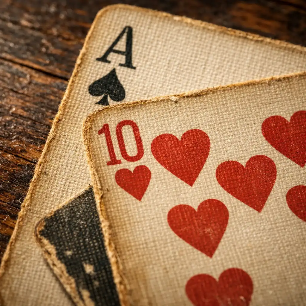 Macro photograph of vintage playing cards with linen finish on a dark wooden surface