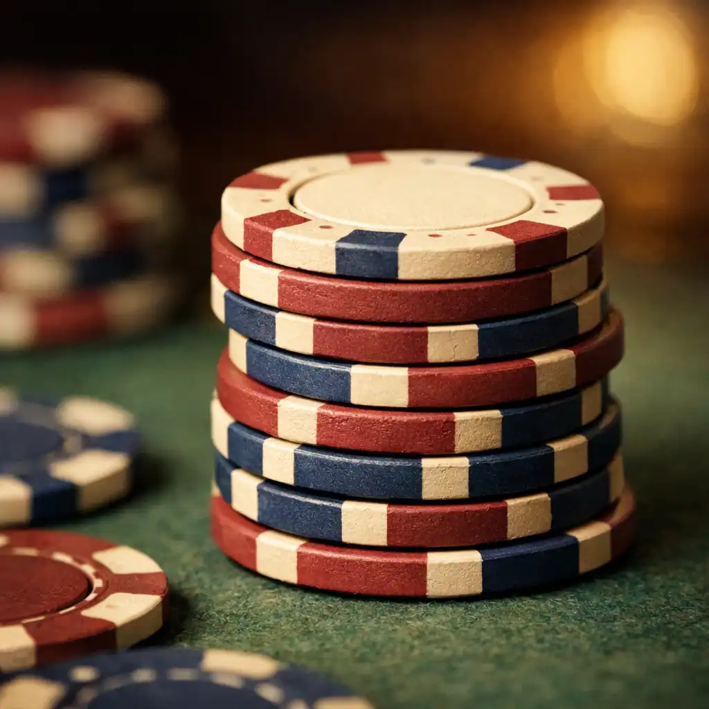 Close-up of a stack of clay poker chips in cream, burgundy, and navy
