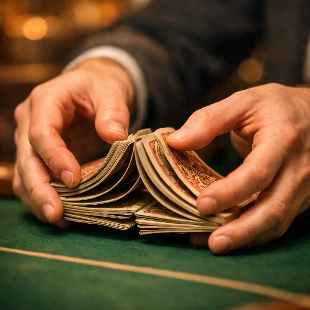 Hands shuffling a vintage deck of playing cards over a poker table in warm light