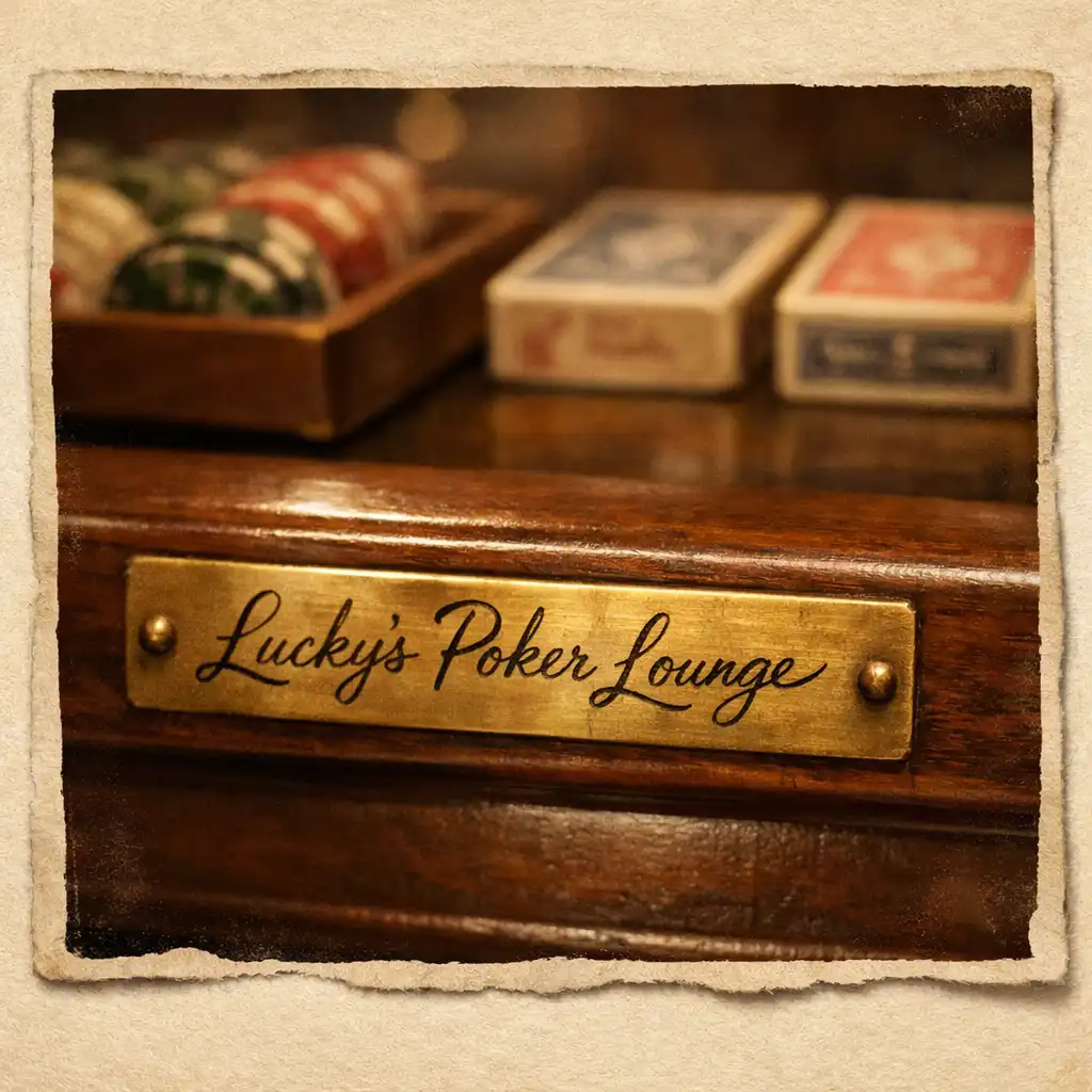 Close-up of a brass plaque and vintage chip sets on a sideboard inside the Poker Lounge