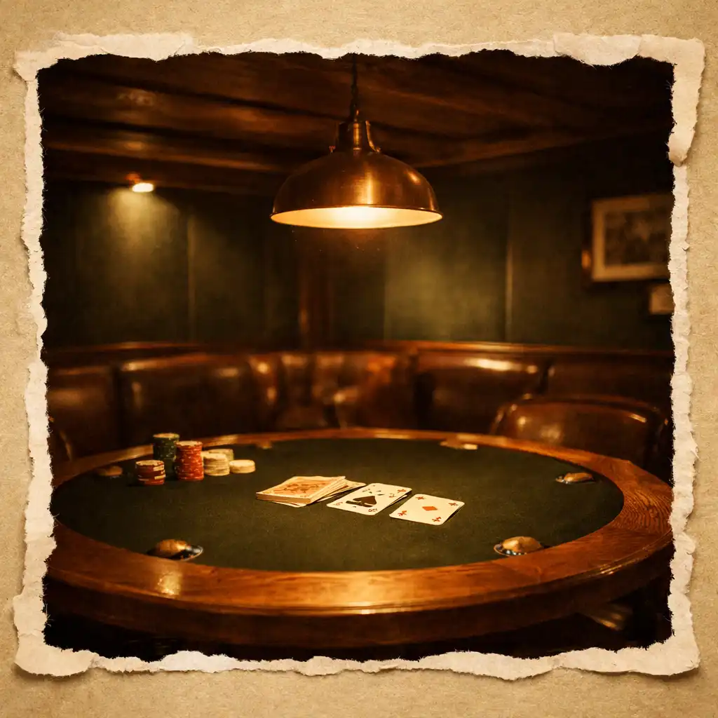 Warm, atmospheric interior of the Poker Lounge at Gourmet Parlour with a central oak poker table, green felt wall panels, and a brass pendant light