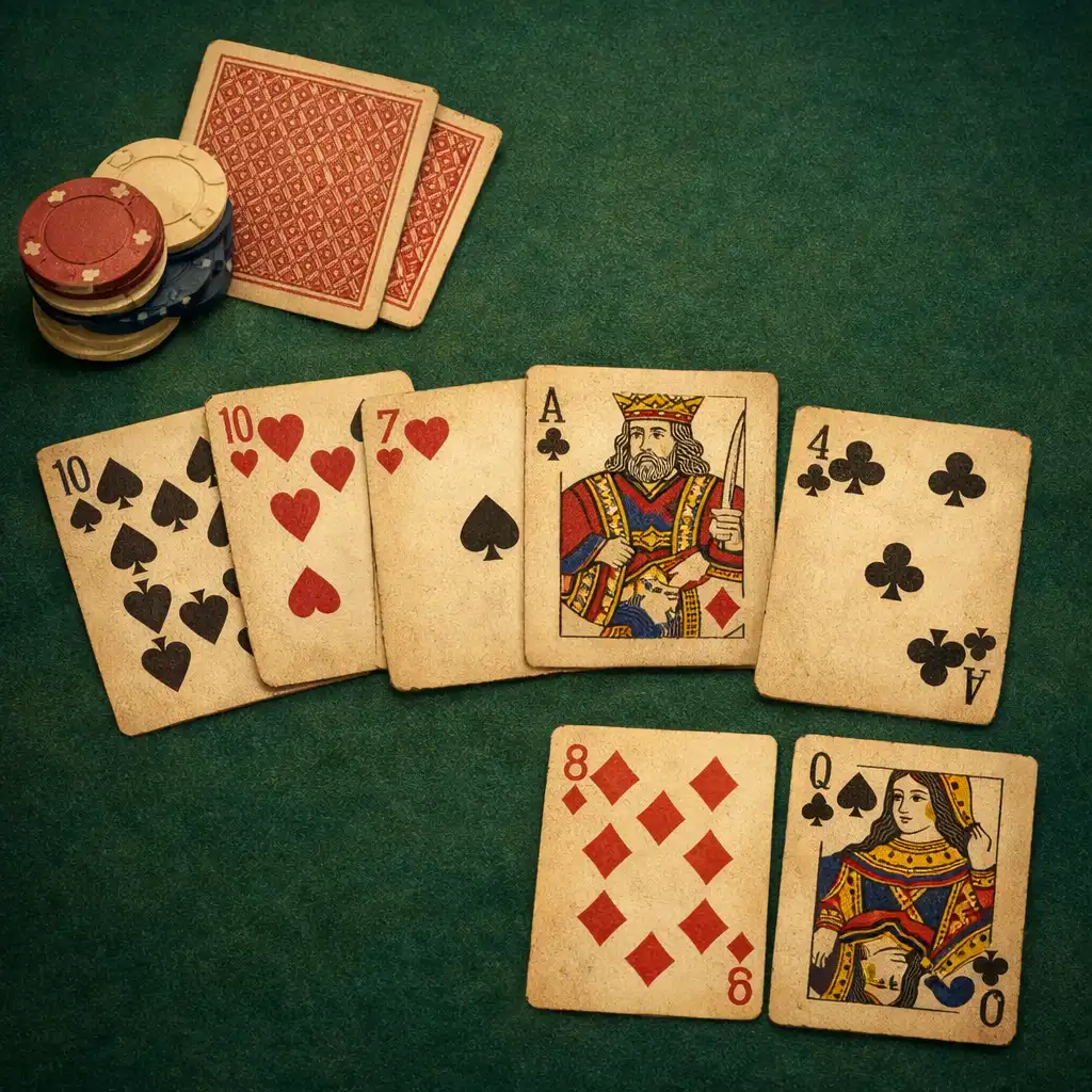 Top-down view of a poker table with vintage playing cards and clay chips on deep green felt