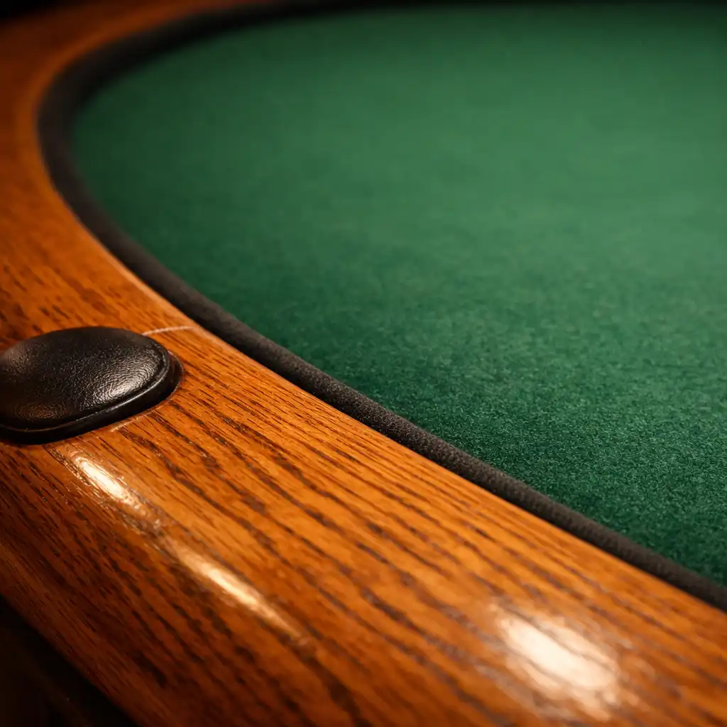 Close-up of the edge of a poker table showing polished oak rail and deep green felt