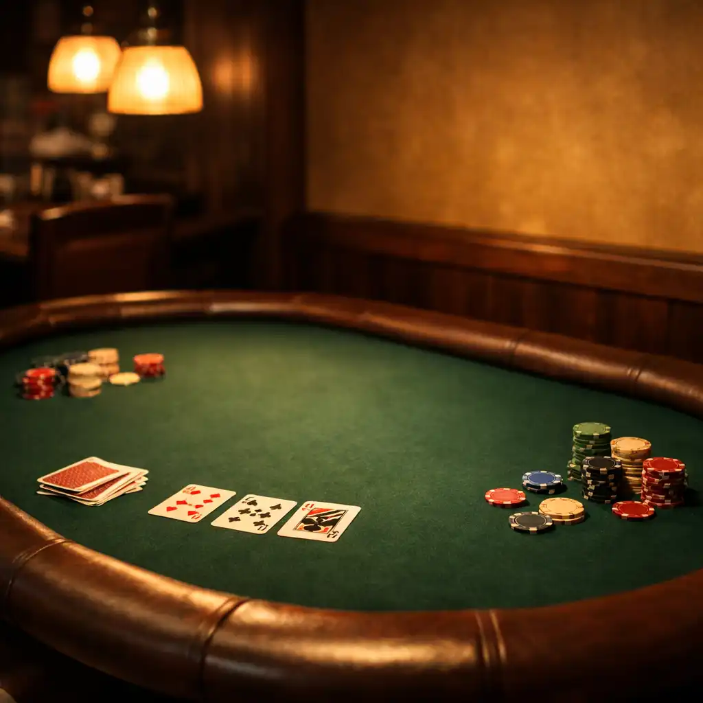 Close-up of a poker table with green felt, playing cards, and poker chips in the on-site lounge