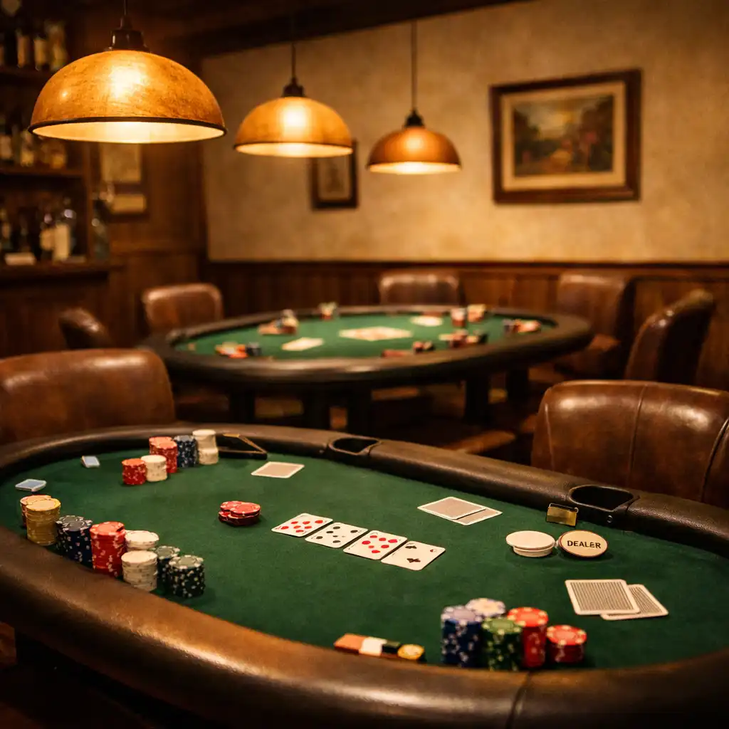 Wide view of the poker zone with two tables, cards, chips, and low pendant lights in a dimly lit room