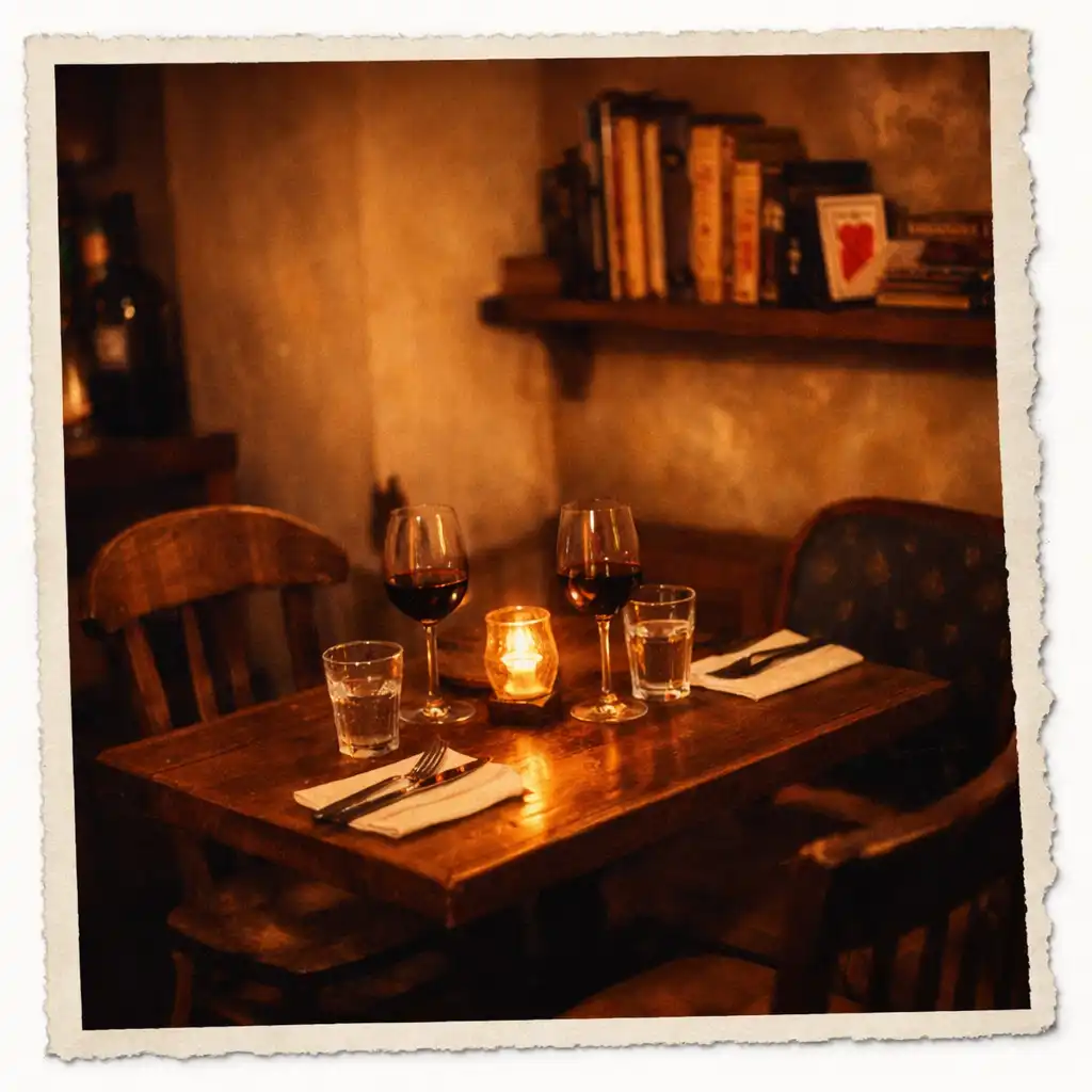 A candlelit corner of the Gourmet Parlour dining room with a small table set for two, vintage chairs, and a shelf of cookbooks and playing cards in the background.