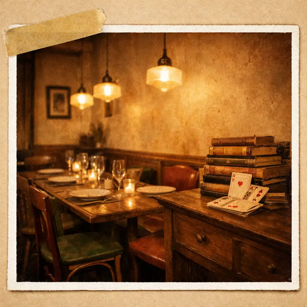 The Gourmet Parlour dining room at dusk, showing warm paper-toned walls, vintage chairs, pendant lights, and a sideboard with cookbooks and playing cards.
