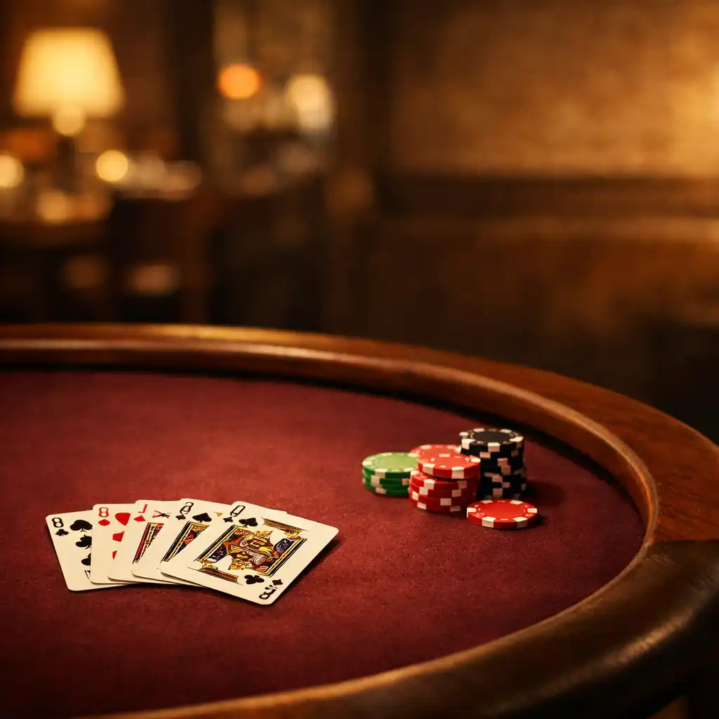 Round poker table with burgundy felt, fanned cards, and a small pile of chips in warm light