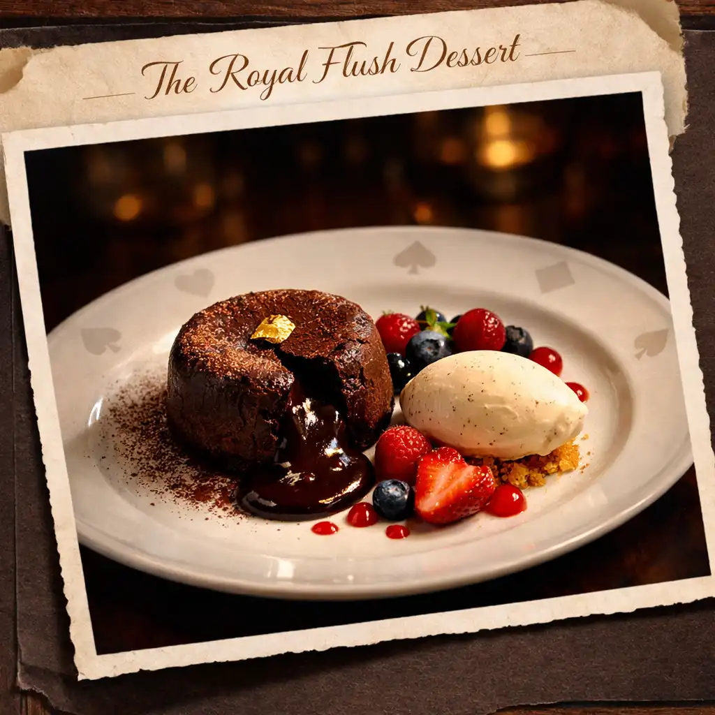 The Royal Flush Dessert: dark chocolate fondant with molten centre, vanilla ice cream, berries, and a subtle card motif on the plate